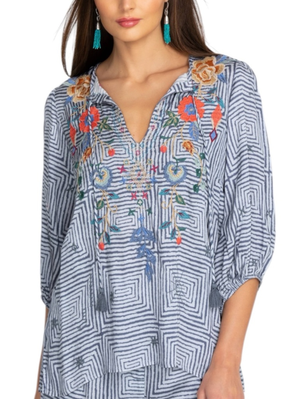 Johnny Was Taryn Flowy Tassel Blouse Summer Top